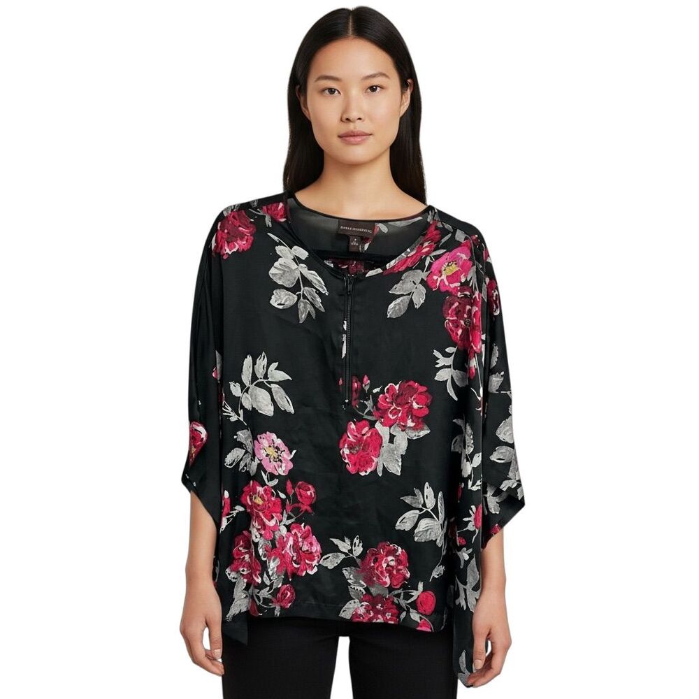 Dana Buchman Women's M Black Floral Batwing  Top 3/4 Sleeve Blouse